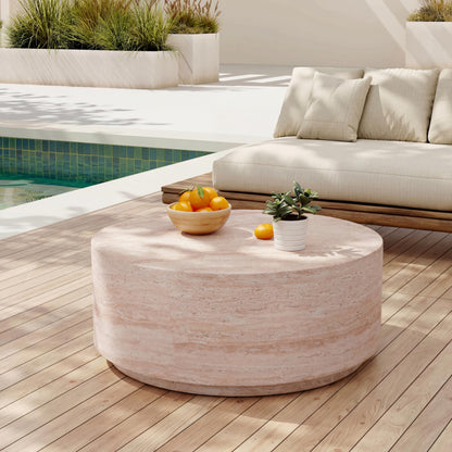 Christopher Knight Home Helen 27.5" Round Coffee Table, MGO Side Table for Patio Furniture Set, Modern Accent Table for Both Indoor and Outdoor Use, End Table for Patio/Deck/Garden, Travertine