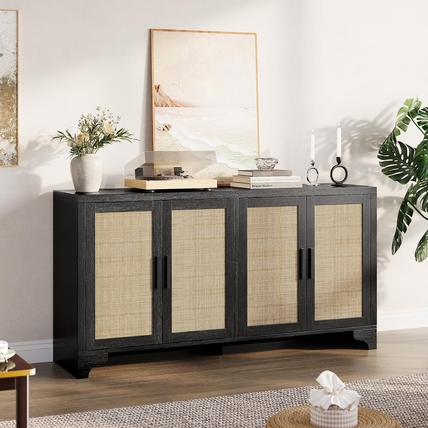Garvee Natural Rattan Storage Cabinet with Shelves, 4-Door Sideboard Buffet Cabinet, Boho TV Stand Console Table for Living Room, Entryway, Dinning Room