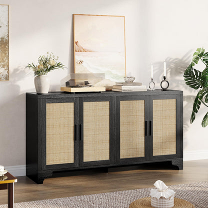 Garvee Natural Rattan Storage Cabinet with Shelves, 4-Door Sideboard Buffet Cabinet, Boho TV Stand Console Table for Living Room, Entryway, Dinning Room