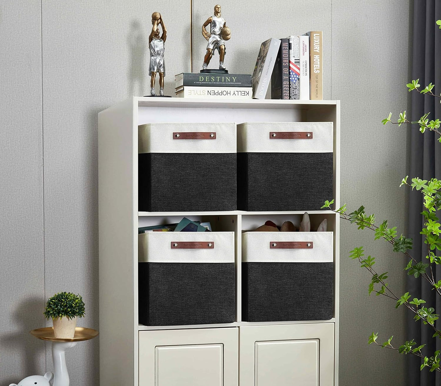 DECOMOMO Cubby Storage Bins, Fabric Storage Cubes for Kallax Shelves with Handles (Black and White, Kallax - 15"L X