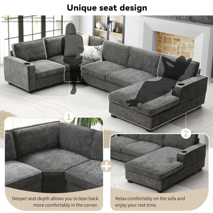 Merax Modern U-Shaped Cloud Couch Set with Oversized Chaise Lounge, Chenille 6-Seat Sectional Sofa Sleeper Bed with Cup Holders for Living Room Dark Gray