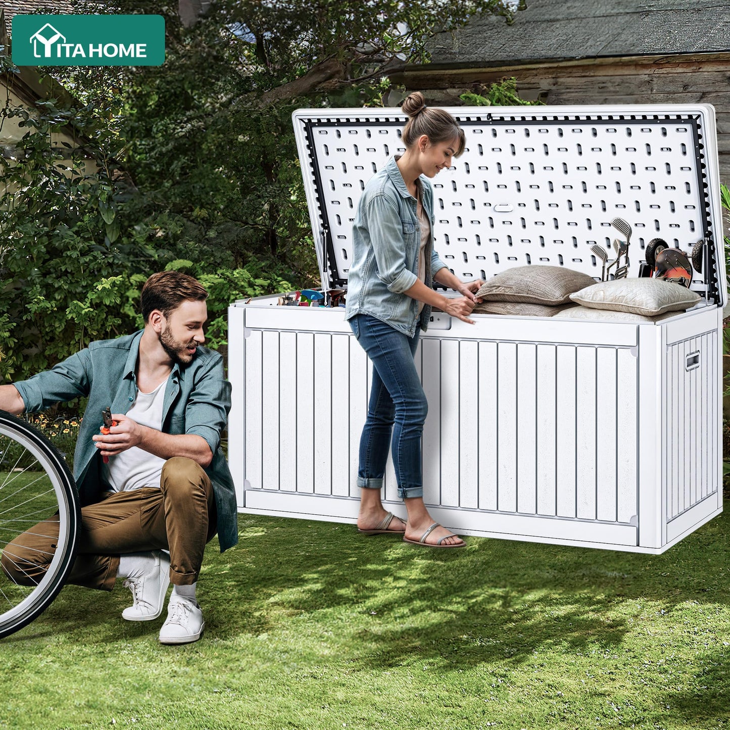 YITAHOME 320 Gallon Extra Large Deck Box, Double-Wall Resin Outdoor Storage Box with Flexible Divider for Patio Cushions Pool Supplies Garden Tools, 1000lbs Load Capacity, Lockable&Waterproof (White)