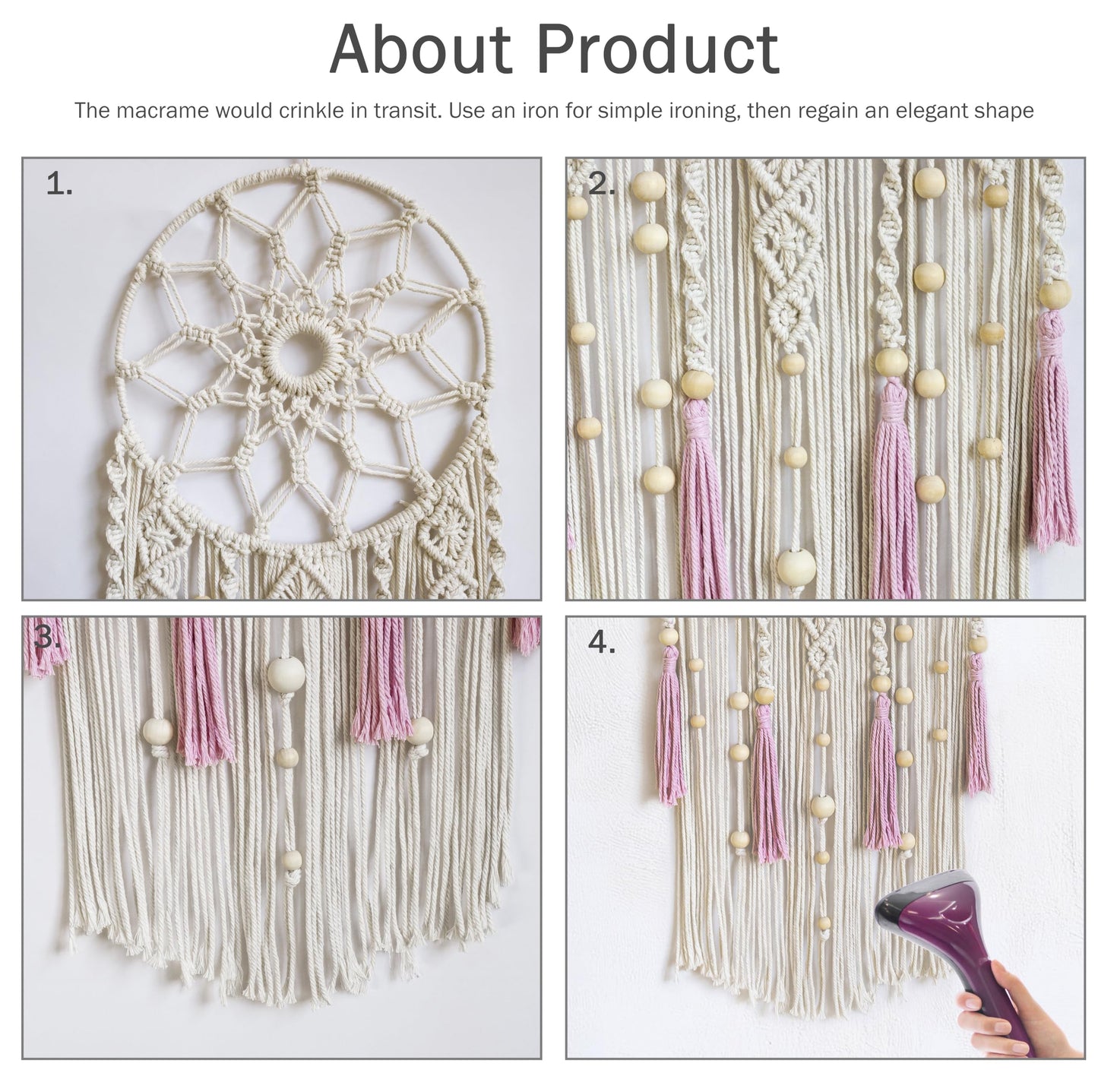 LB Boho Pink Macrame Wall Hanging Flower Dream Catcher Handmade Woven Cotton Tapestry with Wood beads Modern Aesthetic Wall Art Decor for Home, Bedroom, Living Room