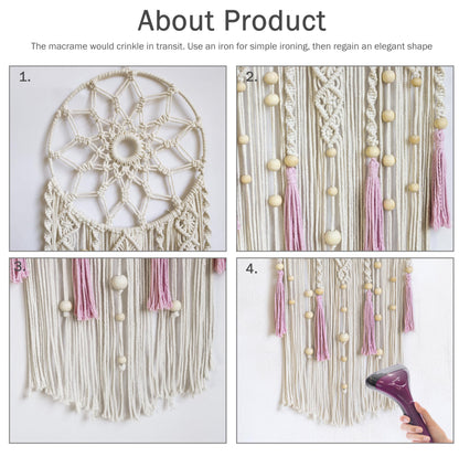 LB Boho Pink Macrame Wall Hanging Flower Dream Catcher Handmade Woven Cotton Tapestry with Wood beads Modern Aesthetic Wall Art Decor for Home, Bedroom, Living Room