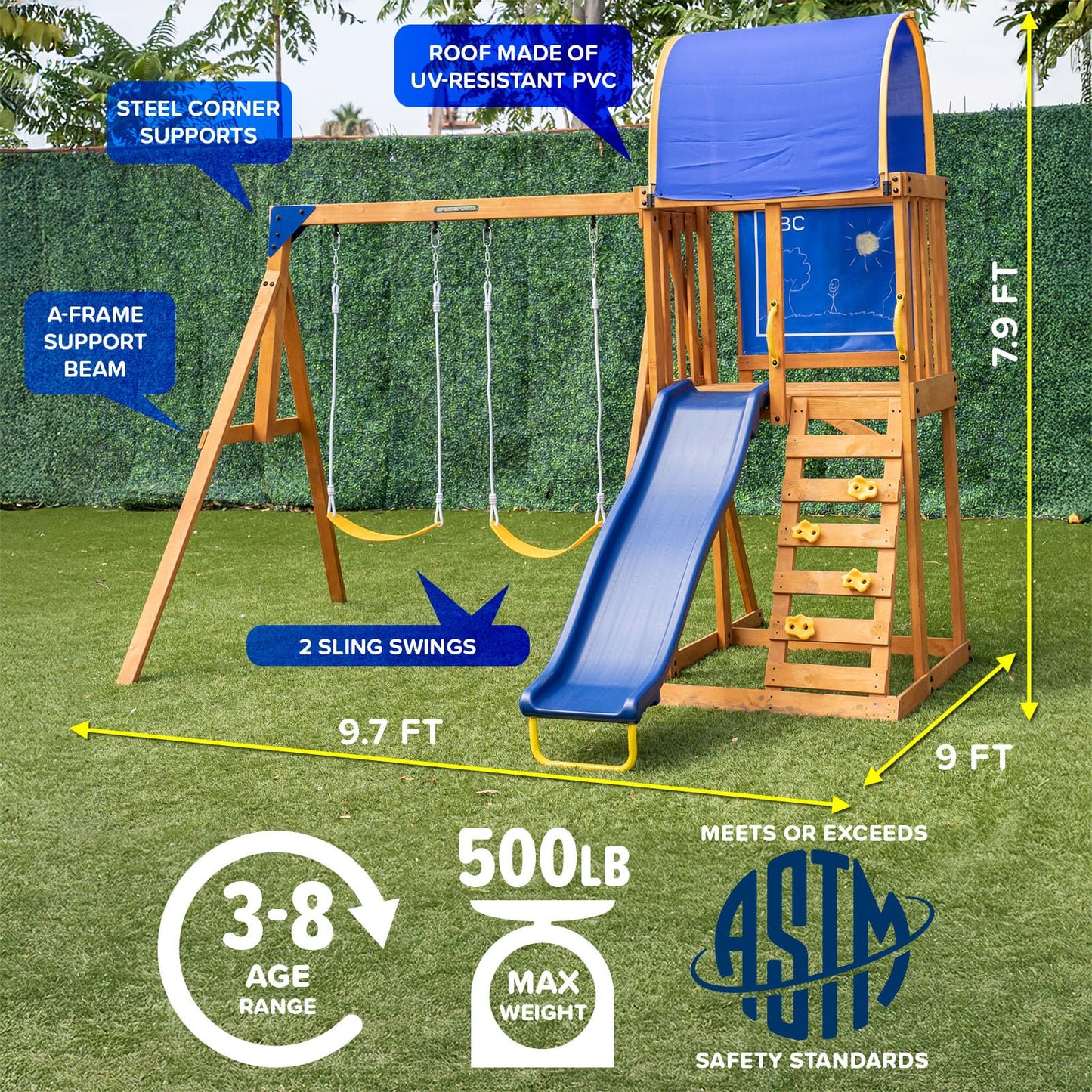 Sportspower Augusta Cedar Wooden Swing Set with Heavy Duty A-Frame & 6ft Double Wall Slide, Bonus Anchor Kit Included