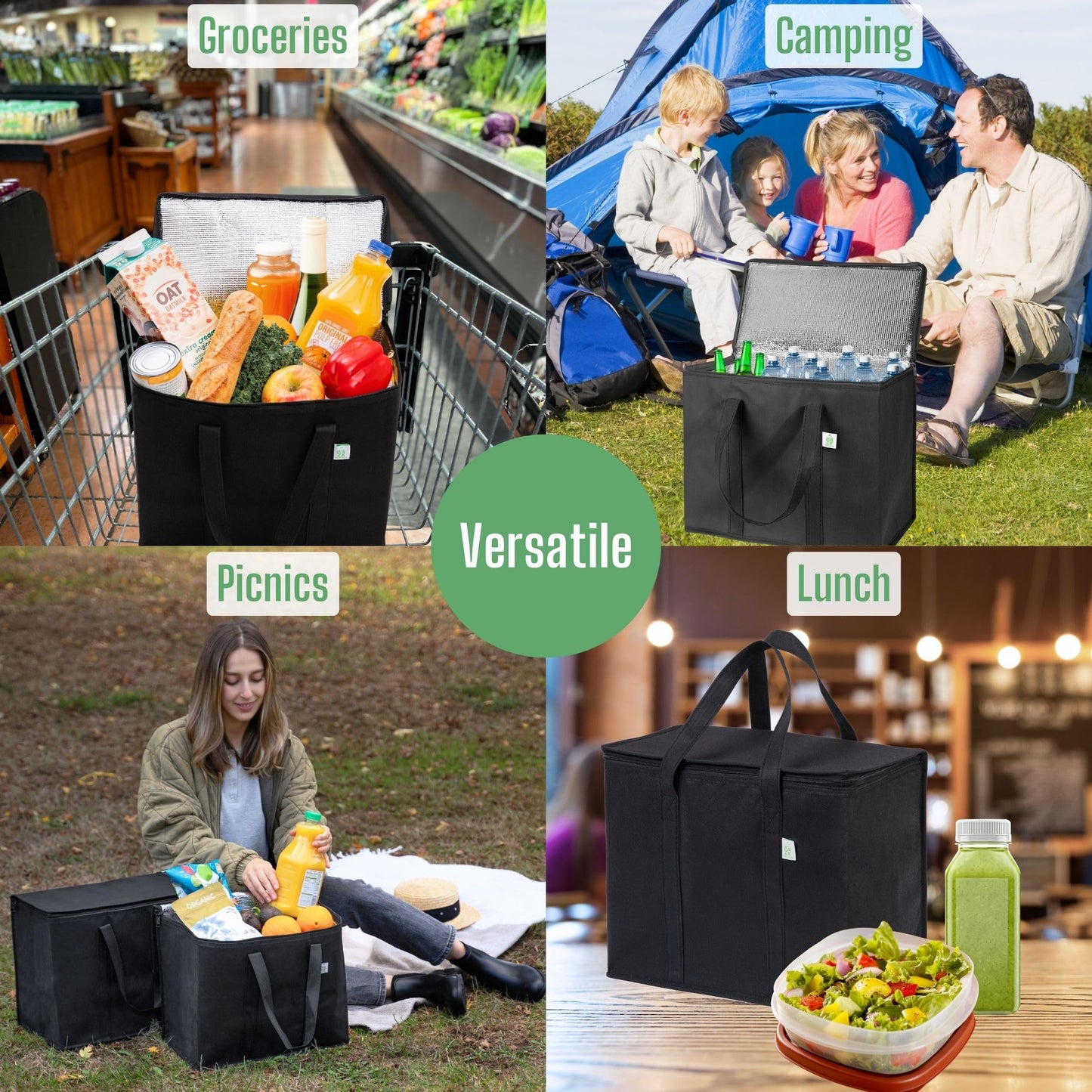 VENO 2 Pack Cooler Bags - Insulated for Food Delivery, Collapsible and Reusable Shopping Bags with Zipper, Foldable, Heavy-Duty, Stands Upright - Ideal for Groceries (Black, 2 Pack)