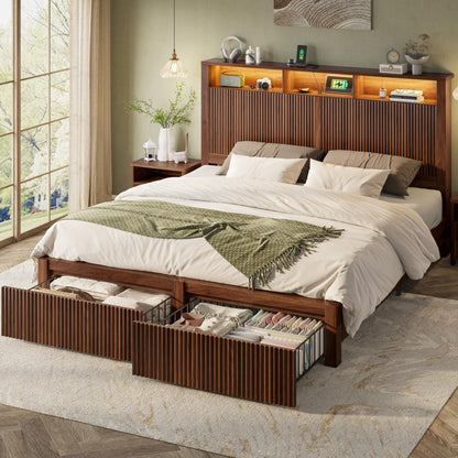 CypBed King Size Bed Frame and Headboard& 2 Storage Drawers, King Bed Frame with LED Light and Charging Port, Farmhouse Wavy Design, Wood & Metal Platform, Noise-Free, No Box Spring Needed, Walnut