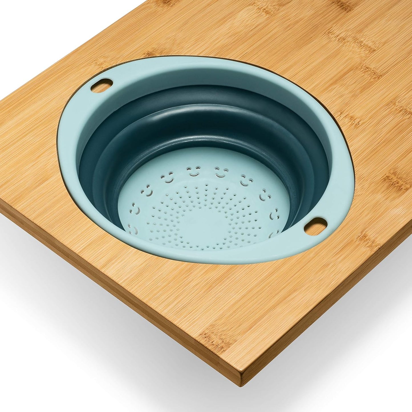 Homevative Over the Sink Bamboo Cutting Board with Collapsible/Removable Strainer and Phone Slots