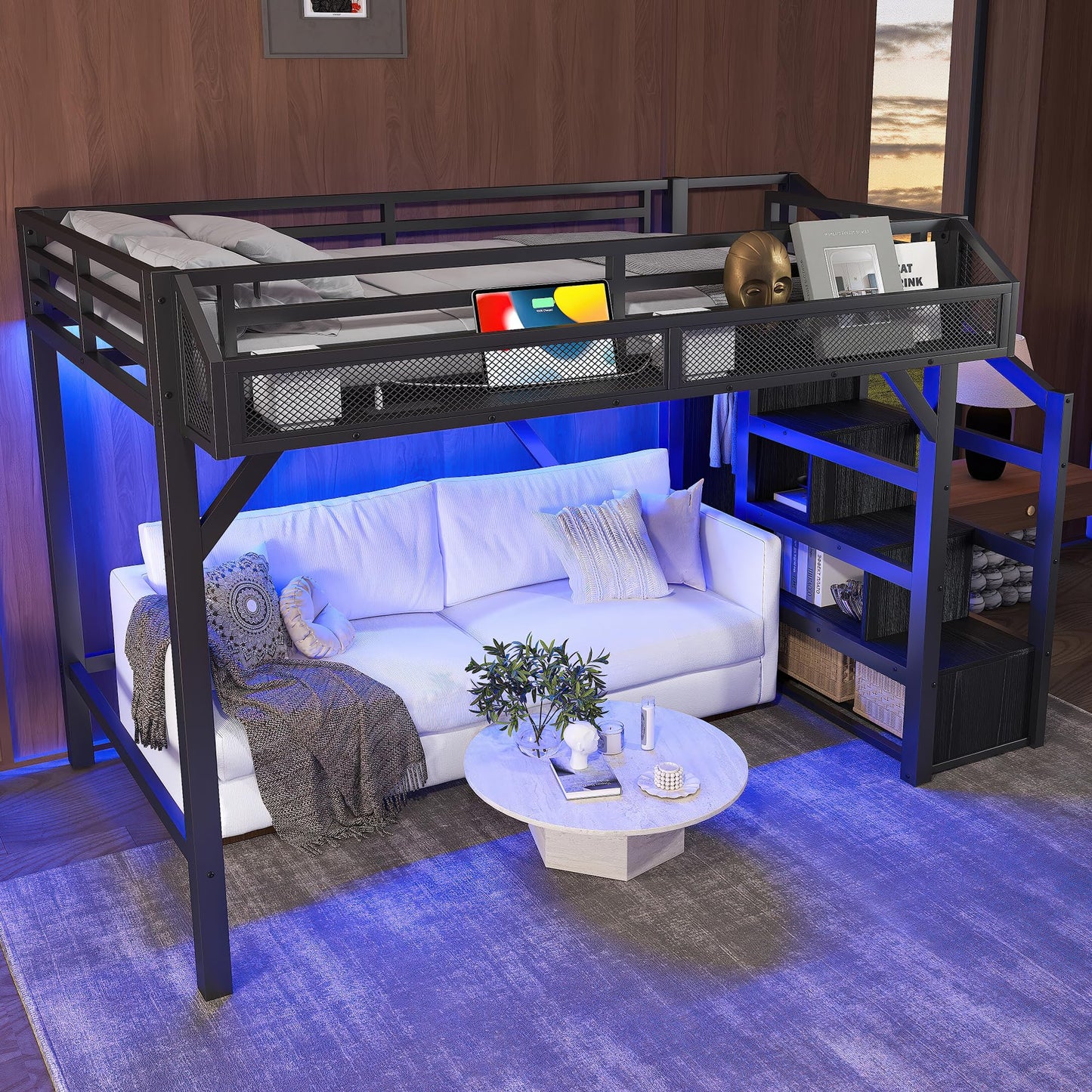 DNYN Loft Bed Frame with Built-in Wardrobe and Storage Stairs for Teens Adults Bedroom, Space-Saving Twin XL Size Bed with LED/USB Ports/Bedside Shelf, No Box Spring Needed & Easy Assemble