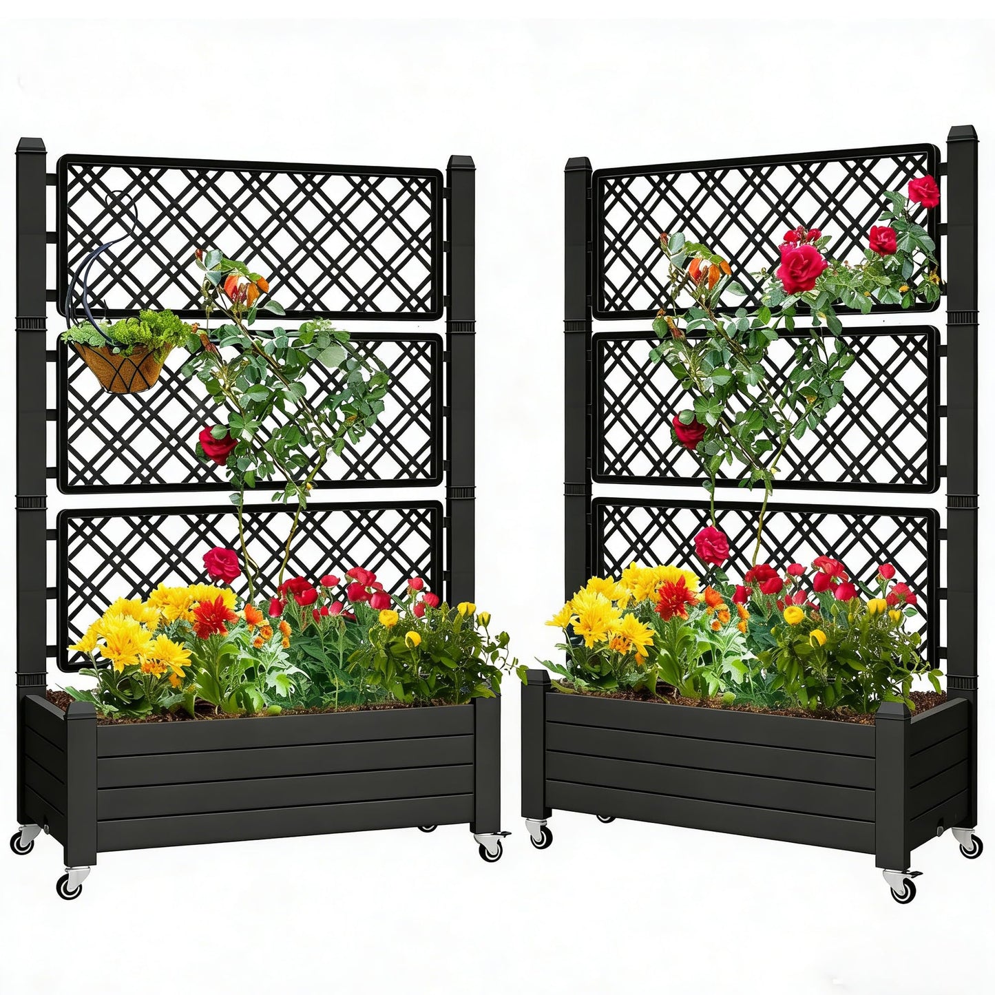 YITAHOME 43.3x17.7x61 in Planter Box with Trellis 2pcs Outdoor Resin Raised Garden Bed with Wheels & Drain Plug for Climbing Plants, Weather-Resistant Outdoor Privacy Screen, Black