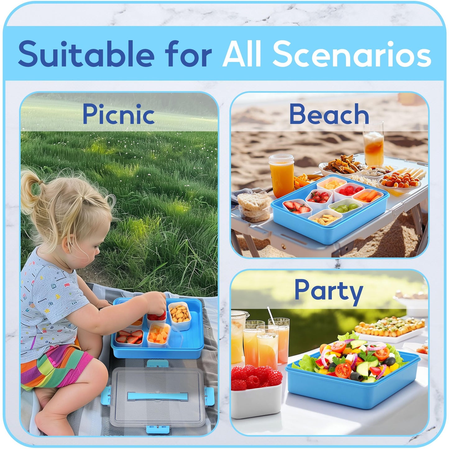 Snackle Box Container for Adults with 9 Compartment, Divided Serving Tray Snack Box Containers with Lid and Handle, Charcuterie Boxes Portable Snack Platter for Fruit Veggie Party Travel, Blue