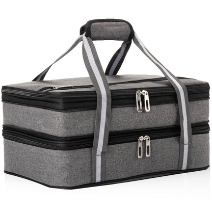Stack Store Plus More Insulated Casserole Carrier for Hot or Cold Food, Lasagna Holder for Picnic, Potluck, Cookout - Fits 9” x 13” and 11” x 15” Baking Dish – Expandable Double Thermal Bag in Gray
