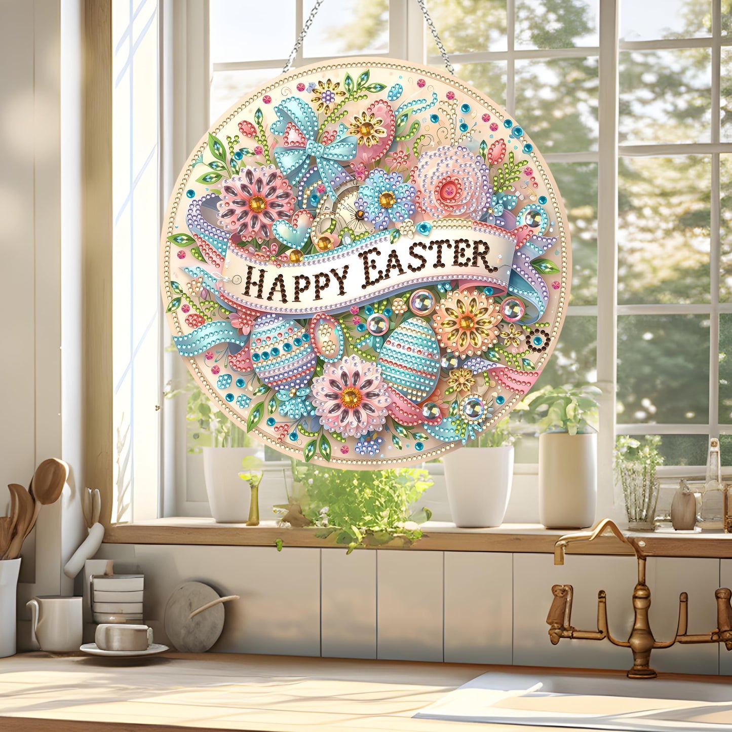 JJFox Diamond Art Hanging Kit for Adult,Special Shaped Rhinestone,Double Sided DIY Acrylic 5D Diamond Art Painting Window Pendants Home Garden Wall Hanging Kits Hanging Ornament (Happy Easter)