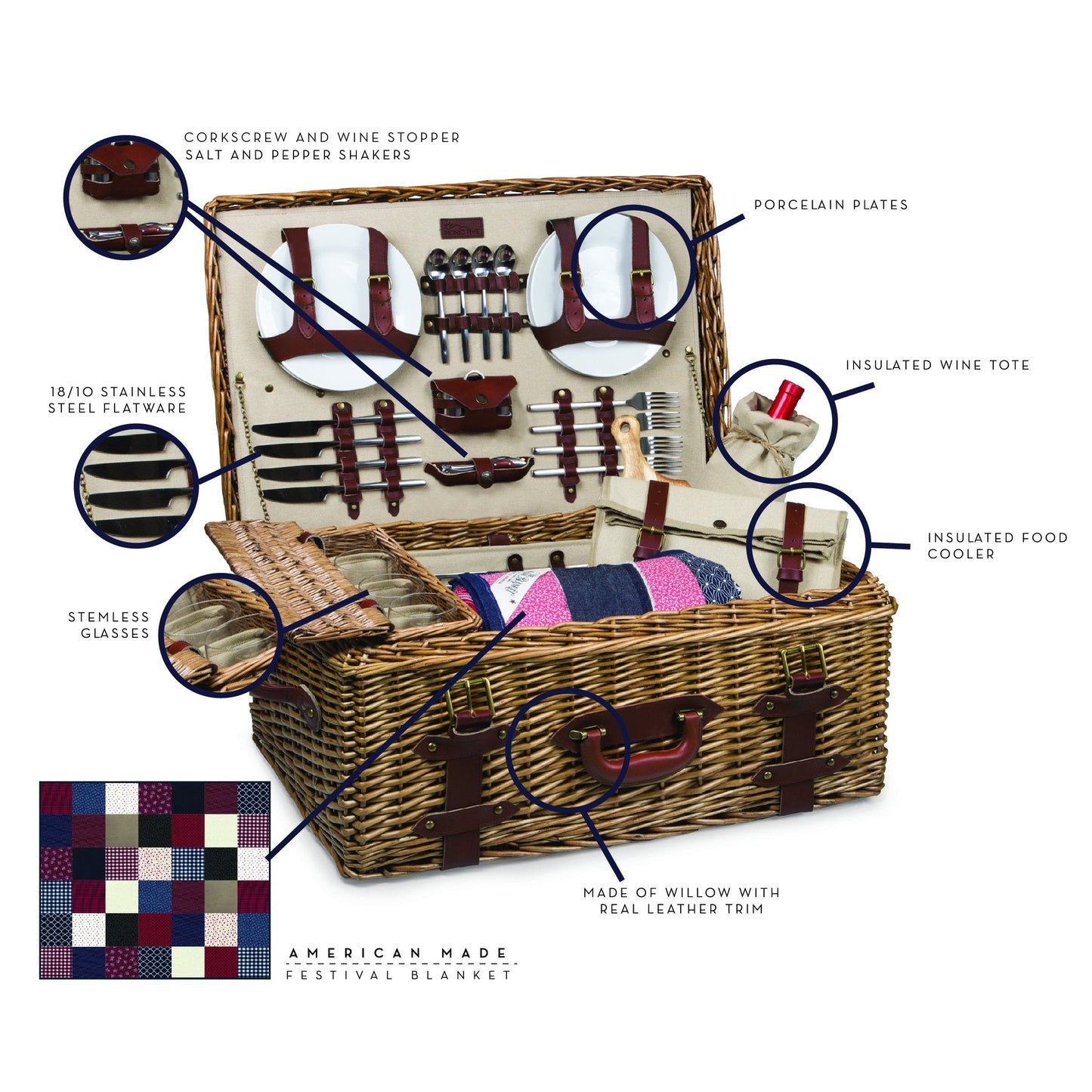 PICNIC TIME Charleston Luxury Picnic Basket for 4, Romantic Vintage English-Style Wooden Basket, Complete Deluxe Service With Blanket, Suitcase-style Handle and Genuine Cowhide Leather, (Beige Canvas)