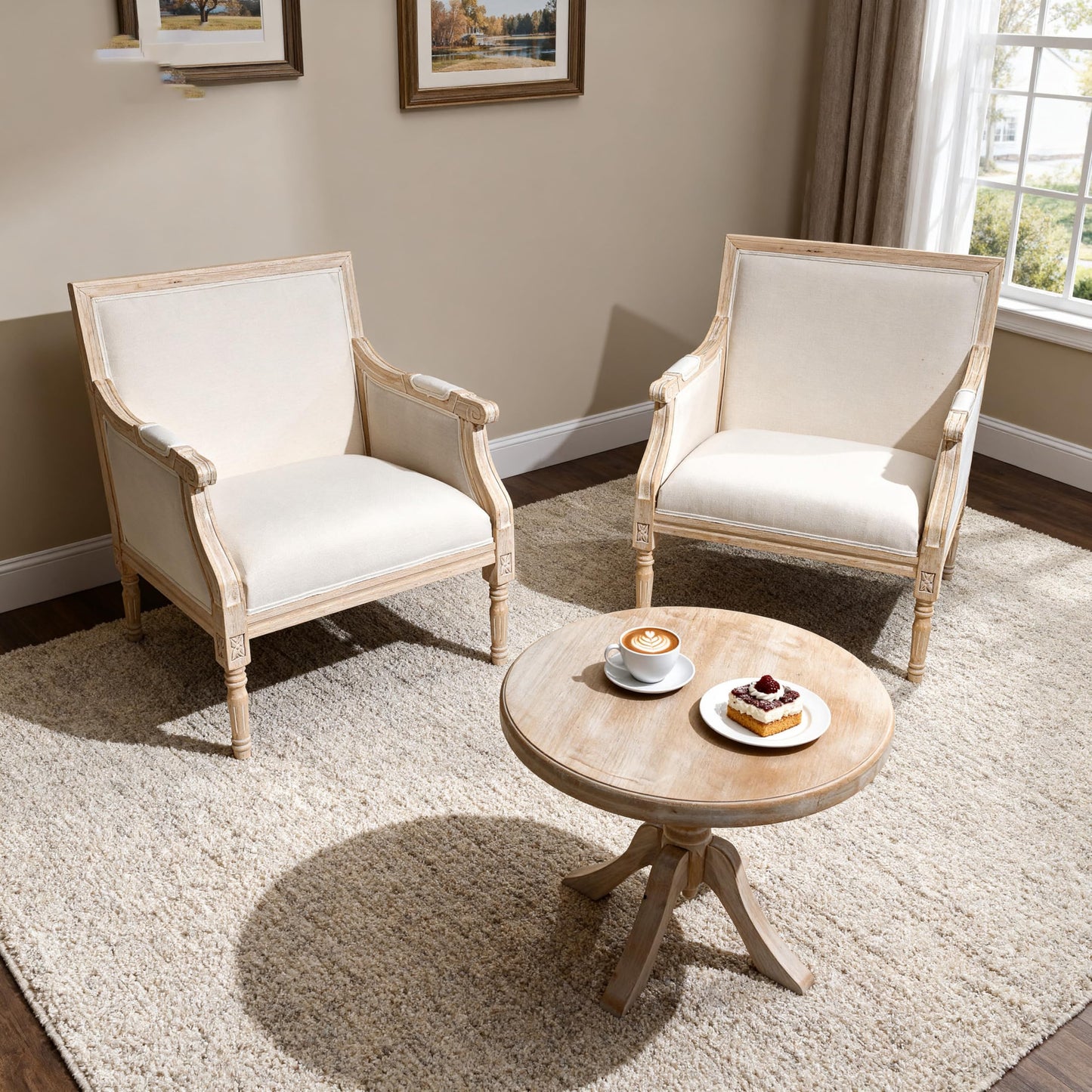 French Accent Chair(Single),Traditional Solid Wood Frame Armchair with Linen Upholstery,Distressed Antique Finish,Foam-Cushioned Seating for Living Room,Bedroom,Office,Reading Nook,Home Décor,Beige