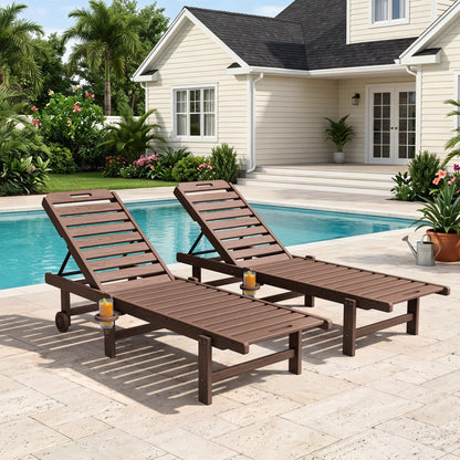 KINGYES Outdoor Armless Chaise Lounge Set of 2, HDPE Pool Lounge Chairs with Cup Holder & Wheels, Patio Lounger Chairs for Poolside, Brown