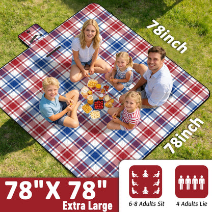 Doonly Picnic Blanket, 78" x 78" Large Waterproof Sandproof Beach Blanket, Foldable Outdoor Blanket Picnic Mat for Beach, Camping, Park, Grass, Lawn, Travel (Blue/Red/White)