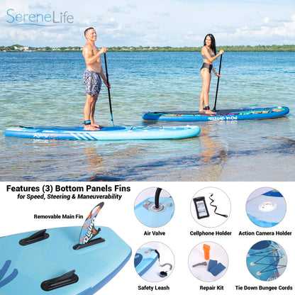 SereneLife Inflatable Stand Up Paddle Board - Wide Stable Design, Non-Slip Deck for Adults & Youth with Premium Paddle Board Accessories: Carry Bag, Dual Action Pump, Paddle, Ankle Leash - 10'6"