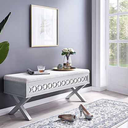 Leick Home 10142-SV Mirrored Diamond Filigree X Base Lift Top Bench with Storage for Bedroom or Foyer, Silver Leaf