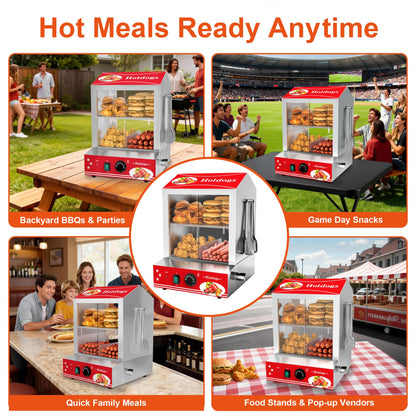 ZMRTDWO Hot Dog Steamer, 28.5QT 2-Tier Commercial Hot Dog Machine with Bun Warmer, 86°F~185°F Adjustable, 175 Hot Dogs & 40 Buns, Stainless Steel Hot Dog Bun Warmer with Tempered Glass Slide Doors