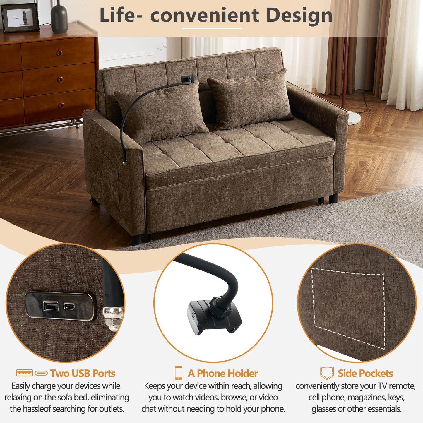 Merax 3 in 1 Convertible Sleeper Sofa Bed, Futon Couches for Living Room with USB Ports | Phone Holder| Reversible Backrest | Pull Out Couch |Small Loveseat, Brown