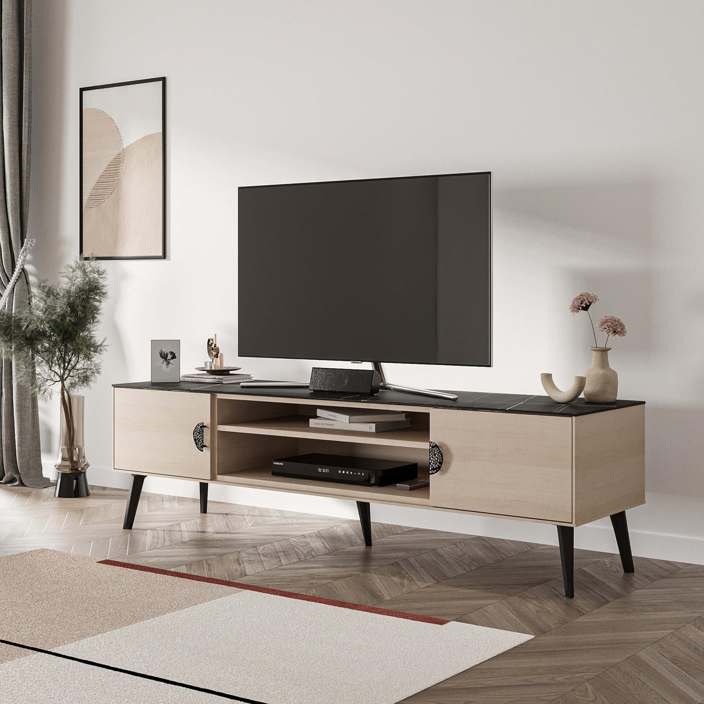 Manhattan Comfort Haley Mid Century Modern TV Stand for Televisions up to 55 Inches, Home Entertainment Center with Storage, Shelves, and Soft Close Doors, 70.9" Wide, White and Black Marble