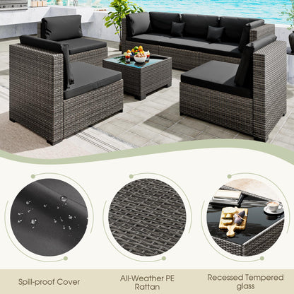 LHBcraft 7 Piece Patio Outdoor Furniture Set, Outdoor Sectional, All-Weather Hand-Woven Wicker Black Patio Sectional, Rattan Outside Furniture with Cushion and Glass Coffee Table