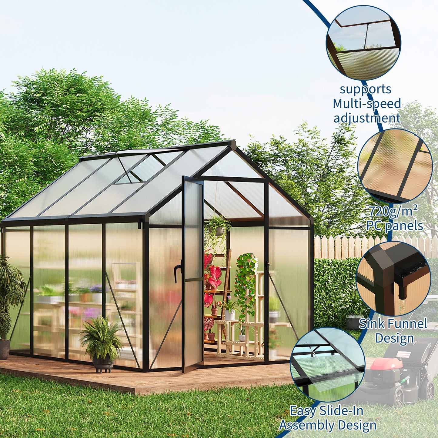 Greenhouse, 6x8 Ft Outdoor Greenhouses, Greenhouse Kit, Portablee Greenhouses with Ground Nails and Vent Windows, Sliding Lockable Door, Polycarbonate Green House for Outside Garden Backyard, Black
