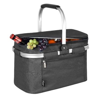 Tirrinia Large Insulated Picnic Basket, 34L Water Resistant & Leakproof Collapsible Portable Cooler Basket Set with Aluminium Handle for Travel,Foldable Grocery Bag, Black