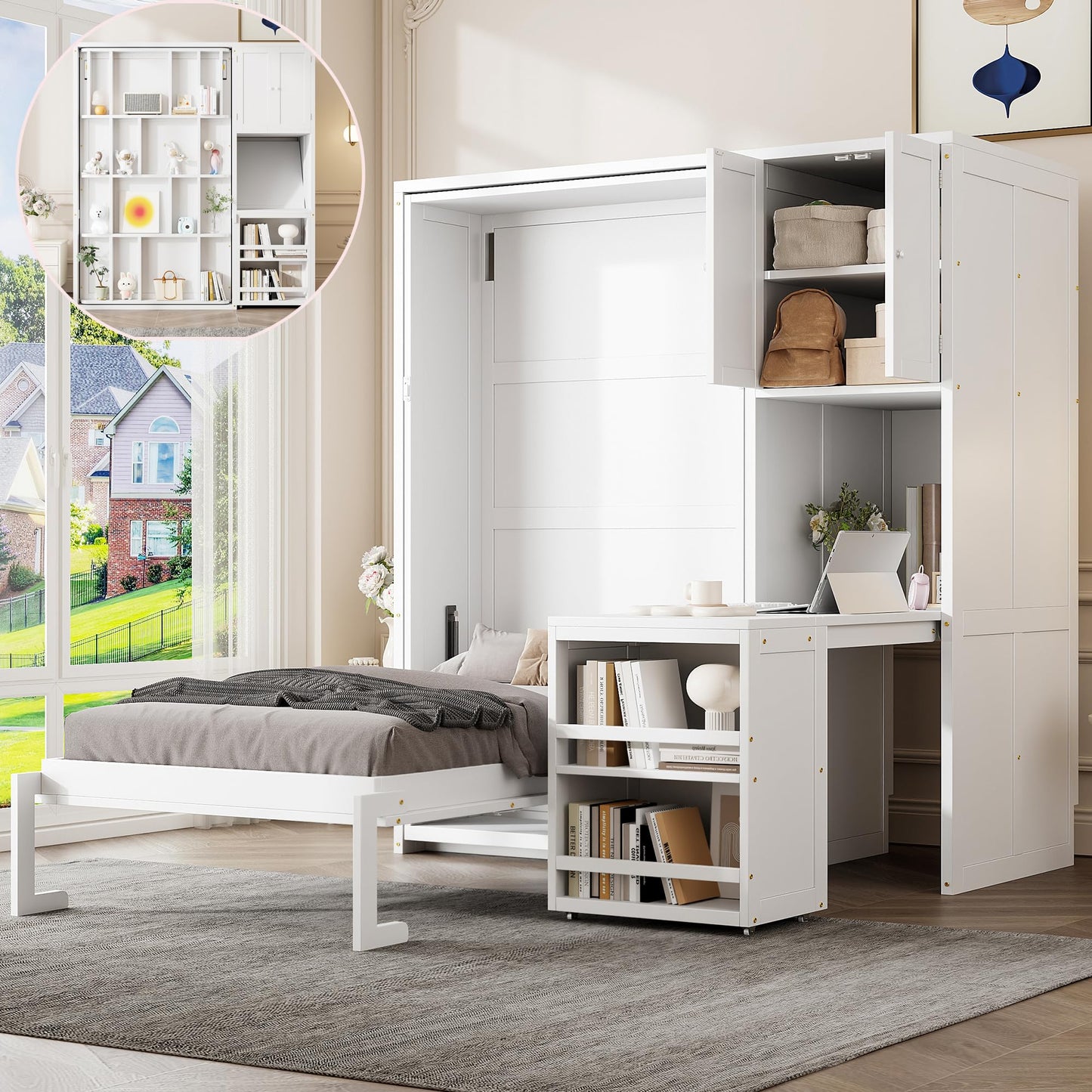 DNYN Rotating Murphy Bed with Top Cabinet and Extendable Desk for Guest/Study Room, Space-Saving Twin Size Wood Foldable Wall Bed Frame with Side Storage Shelf and Bookshelf, No Box Spring Needed