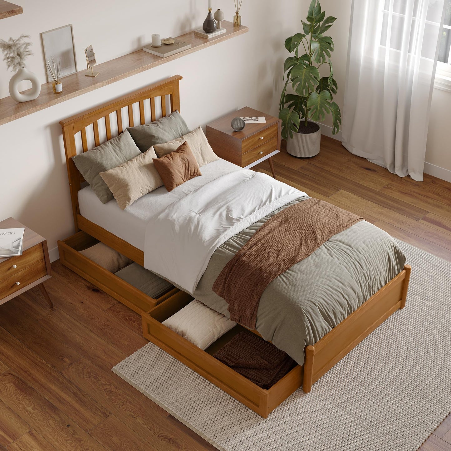 AFI, Everett Twin XL Platform Bed with Panel Footboard & Storage Drawers, Light Toffee