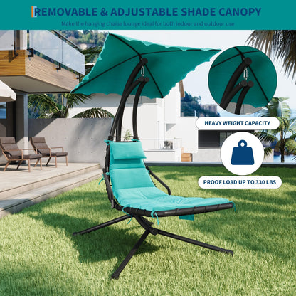GarveeLife Chaise Lounger Swing Chair with Umbrella Canopy, Patio Hanging Chaise Lounger Chair with Stand, Curved Steel Outdoor Lounge Chairs for Indoor Patio Pool Garden Backyard Porch