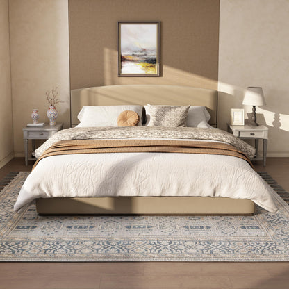 King Size Upholstered Bed Frame with Velvet Fabric Thick Headboard, Solid Wood Base, Camel