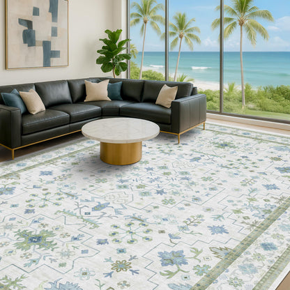 Oriental 10x14 Rug Living Room - Washable Oushak Boho Extra Large for Bedroom Non Slip Soft Faux Wool Carpet for Dining Room Playroom - Cream Blue and Green Floral Rug