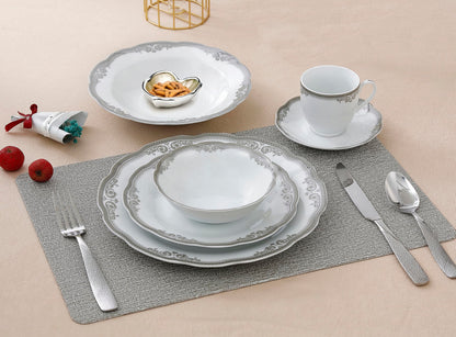 Stylish and Elegant 57 Pieces Porcelain Dinnerware Set Service for 8 People for Hosting Parties and Events - Wavy Edge, Silver Trim