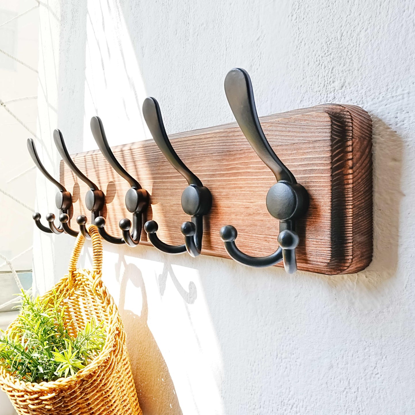 Dseap Coat Rack Wall Mounted - 5 Tri Hooks, Heavy Duty, Wooden Wall Coat Hanger Coat Hook for Clothes Hat Jacket Clothing, Natural & Black