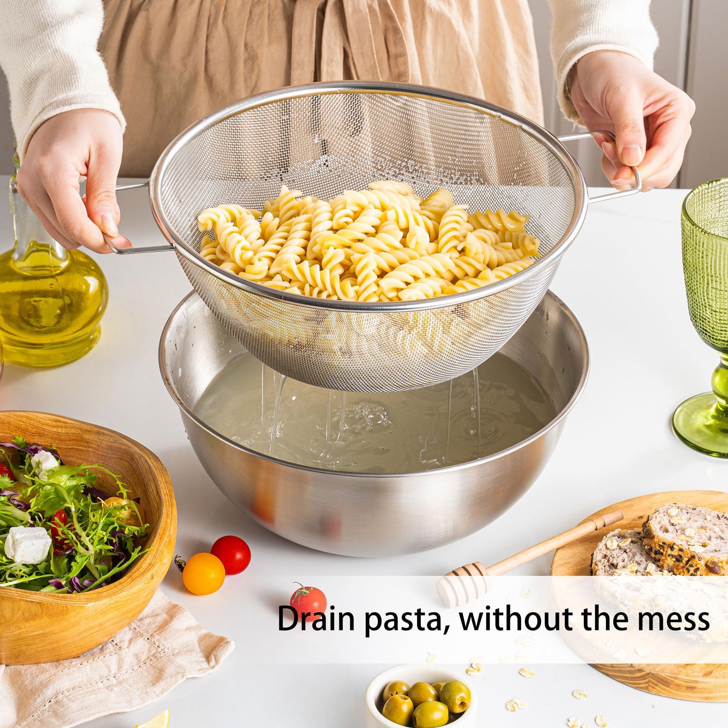 304 Stainless Steel Kitchen Colander Set, 3.5QT Colander with Handle and Bowl, 40 Mesh Fine Strainer, Fast Draining for Rice, Pasta, Fruits & Vegetables, Dishwasher Safe