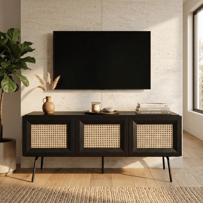 NTC Mossic TV Media Cabinet with 3 Doors for TVs, Entertainment Center with Natural Rattan, Metal Legs, Modern Storage Console for Living Room and Bedroom, Effortless Assembly, Burnt Black