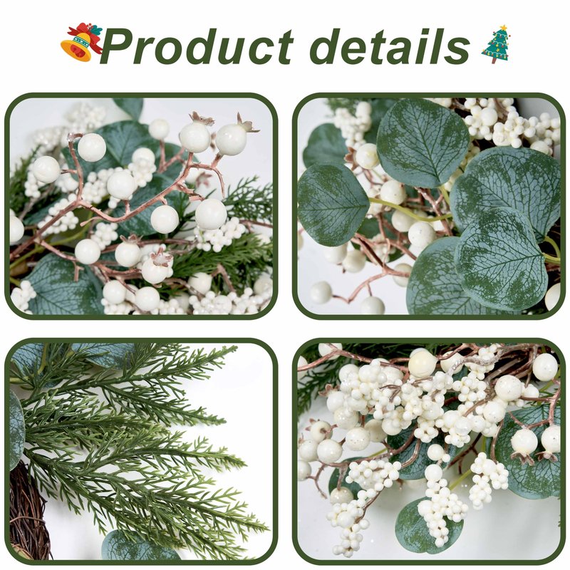 WSTPUPU Artificial Winter Wreath 22inch Christmas Wreaths for Front Door White Berry Wreath with Eucalyptus Leaves Pine Needles White Berries for Xmas Wall Farmhouse Window Winter Holidays