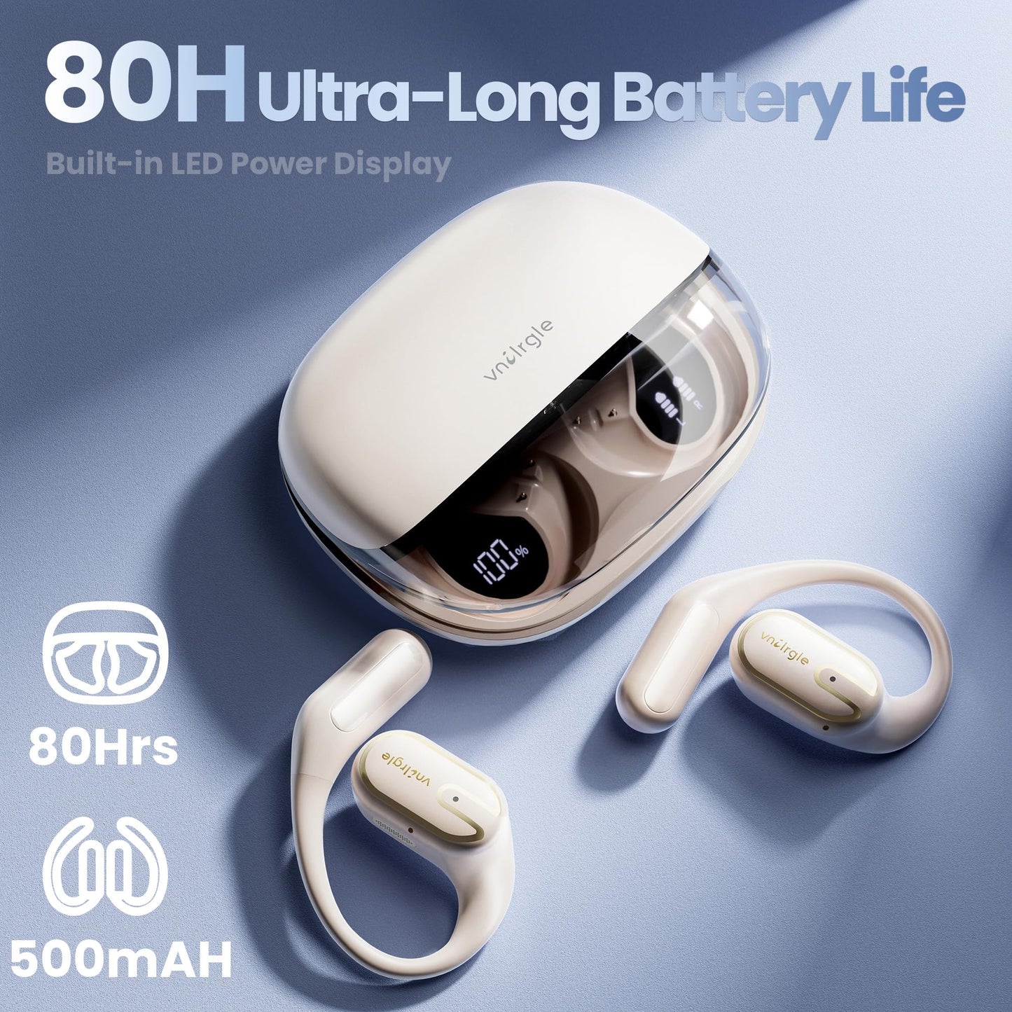 2026 Upgraded Open Ear Headphones,Over Ear Earbuds with Ergonomic Earhook,Bluetooth Headphones 6.0 with Smart Digital Display,80H Playtime,IPX7 Waterproof,Touch Control Operate Fit Cycling (White)