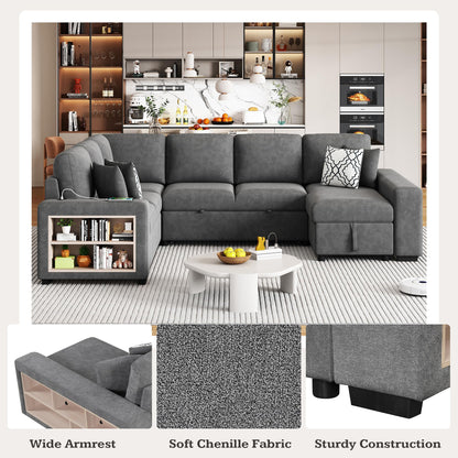 109-Inch U-Shaped Sleeper Sectional Sofa with Pull Out Sleeper Couch Bed for Living Room, Chenille Upholstered U-Shaped Corner Sleeping Sofabed W/Storage Chaise, USB Ports