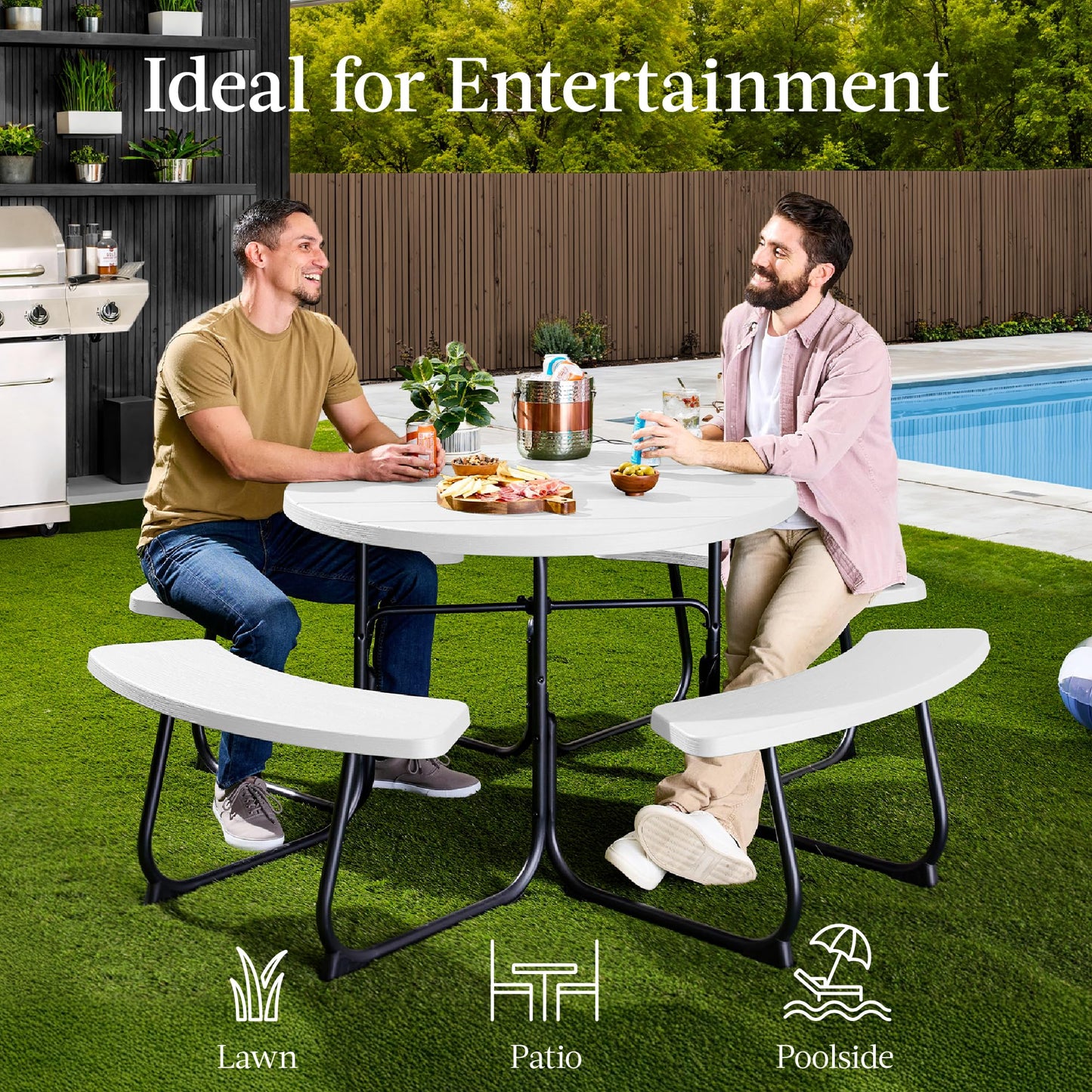Best Choice Products 8-Person Outdoor Bench Patio Picnic Table, Circular w/ 4 Built-in Benches and Umbrella Hole, 2000lb Capacity - White