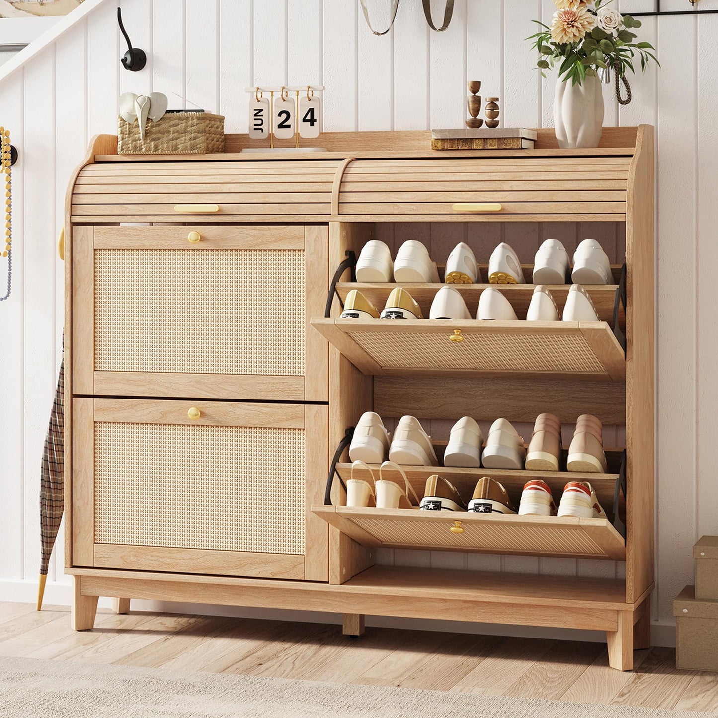 LINSY Shoe Storage Cabinet, Rattan Shoe Cabinet Wood Shoes Rack Cabinets with Sliding Tambour Door, Large Flip Drawer Shoe Cabinet Boho Hidden Shoe Storage for Entryway, Front Door, Hallway, Oak
