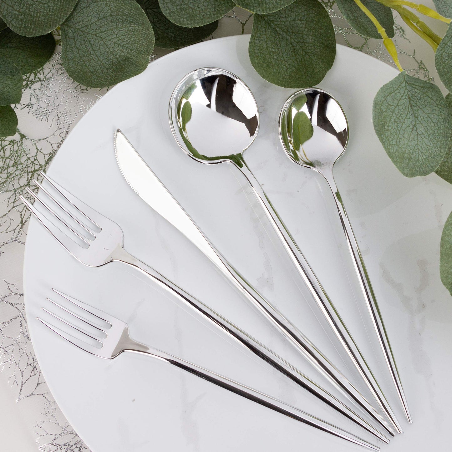 Novelty Modern Flatware Cutlery Disposable Plastic Combo Set 80 Count Luxury Silver, Service for 16