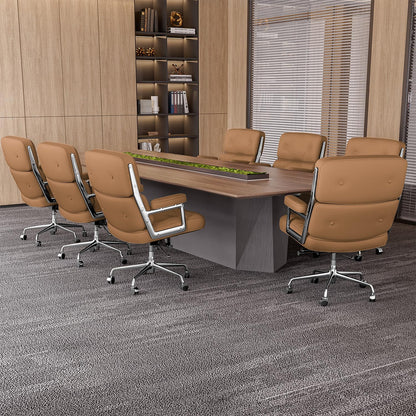 Genuine Leather Office Chair, Mid Back Executive Desk Chairs with Aluminum Arms and Wheels, Swivel Office Leather Chair with Thickened Backrest and Ergonomic Lumbar Support, Light Brown