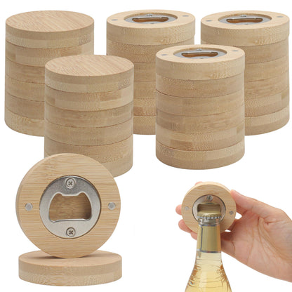30pcs Bamboo Bottle Opener, Wood Bulk Wooden Openers, Fridge Magnet Round Beer Opener, 2.6" Magnetic Sticker for DIY Bar Decoration Refrigerator Coaster Gift Guest Lover Wedding Kitchens Home Parties