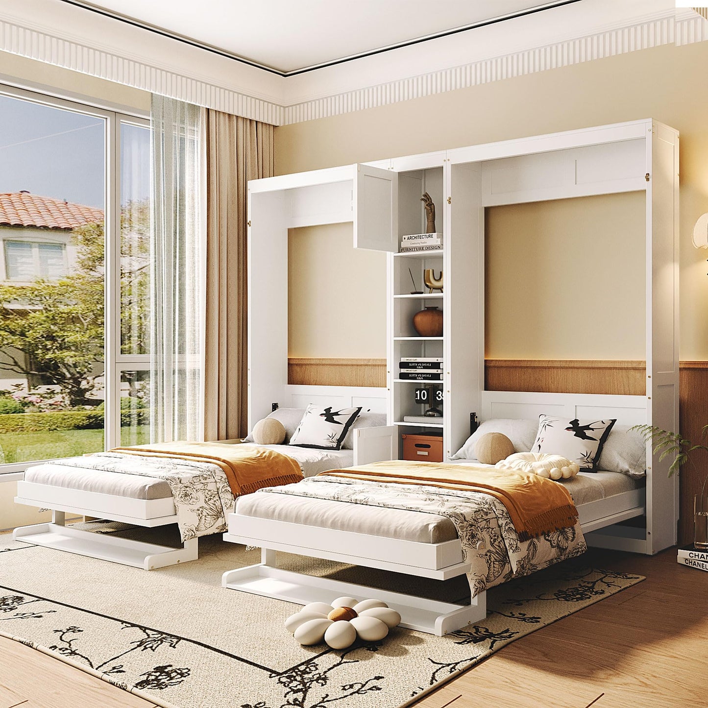 Merax 110W Dual Twin Wall Murphy Beds with Cabinets and Shelves,Sleeping Arrangement for Multipurpose Area, Bedroom, Guest Room or Living Room,White
