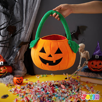 JOYIN Halloween Pumpkin Plush Tote Bucket, 11 X 13.4 inches Candy Trick or Treat Bag, Cute Halloween Basket with Handle for Kids Girl Boy Trick or Treating, Party Favor Supplies , Kids Gifts Goody Bag