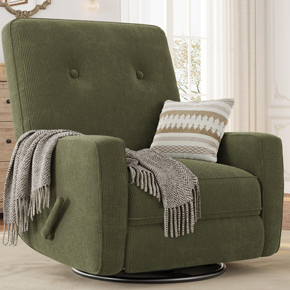 Garvee Nursery Recliner Chair, 360° Swivel Rocking Glider Chair for Adults with Adjustable Backrest & Footrest, Cozy Corduroy Upholstered Armchair for Living Rooms, Bedrooms, Apartments, Green