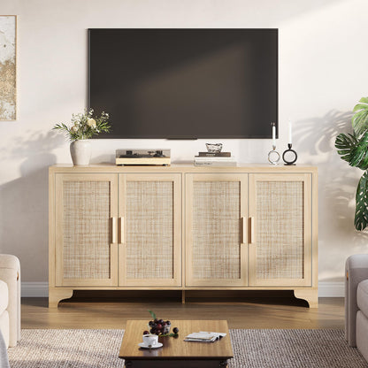 IDEALHOUSE Natural Rattan Sideboard Buffet Cabinet with Storage, Farmhouse Large Rattan Cabinet with 4 Doors, Wood Accent Coffee Bar Buffet Console Tables for Kitchen Living Room Entryway